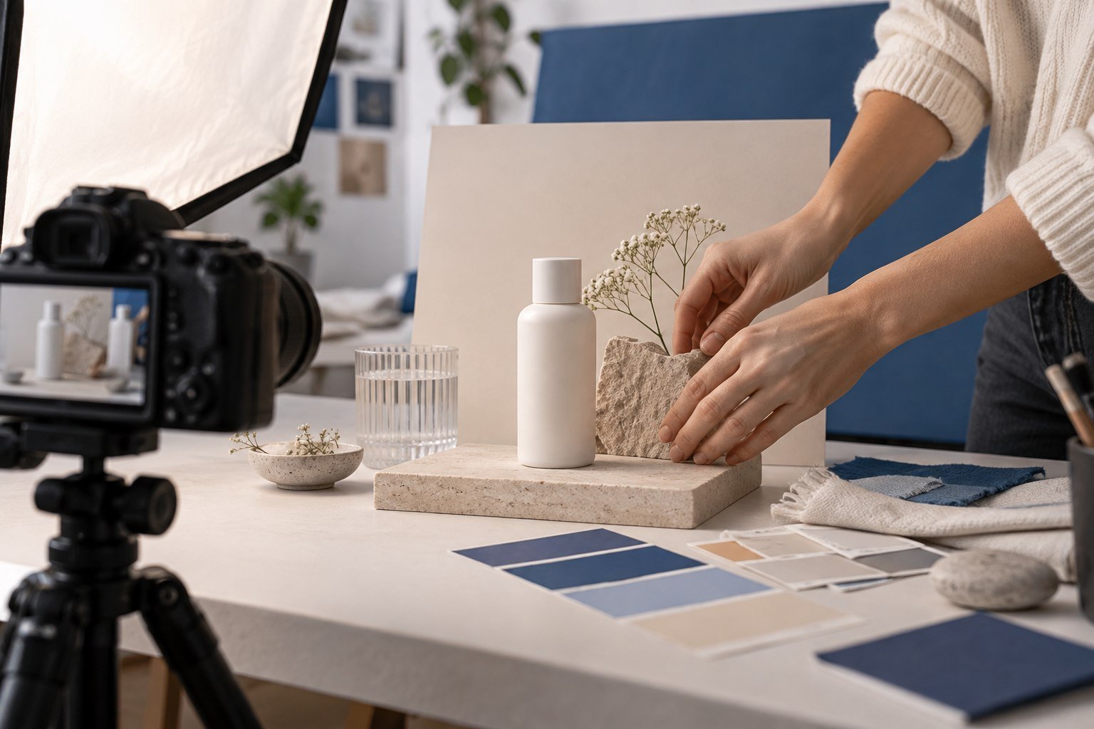 Product content being styled for a brand photoshoot